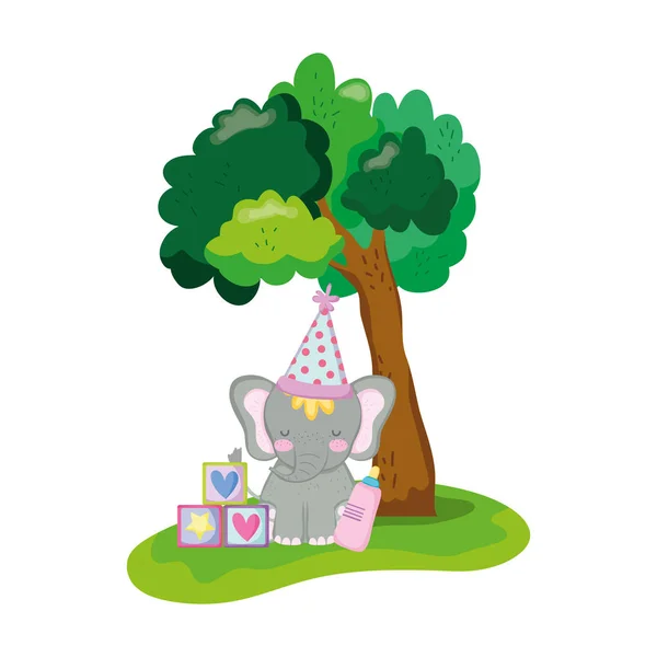 Elefante lindo y pequeño con sombrero de fiesta — Vector de stock