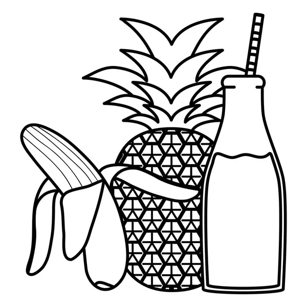 Fruta fresca de piña y zumo de plátano en botella con paja — Vector de stock