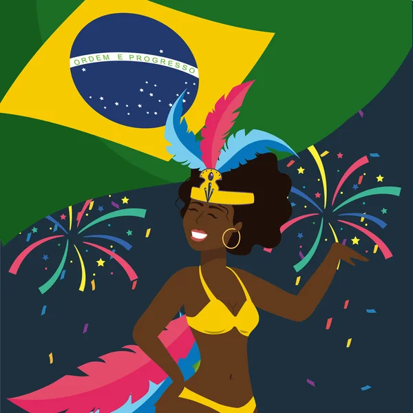 Милая танцовщица с фейерверком и бразильским флагом — стоковый вектор