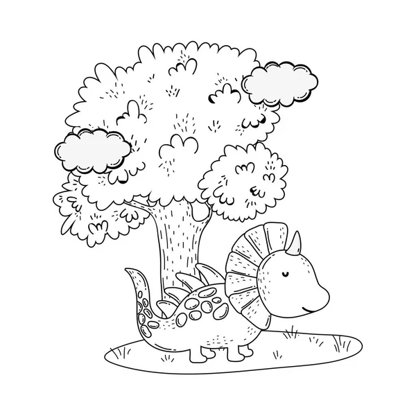 Dinosaurus lucu dengan pohon di lanskap - Stok Vektor