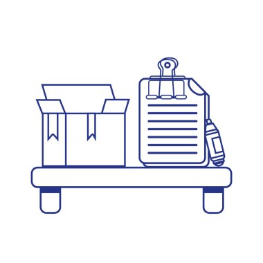 klips ve vurgulayıcı kalem ile kutu ve belgeler ile çizgi ahşap raf