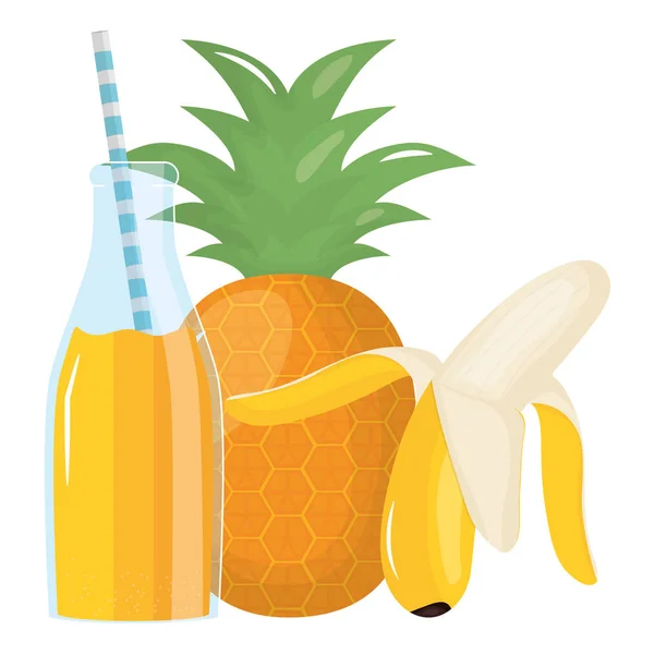 Friss ananász-és banánlevek gyümölccsel, szalmával — Stock Vector