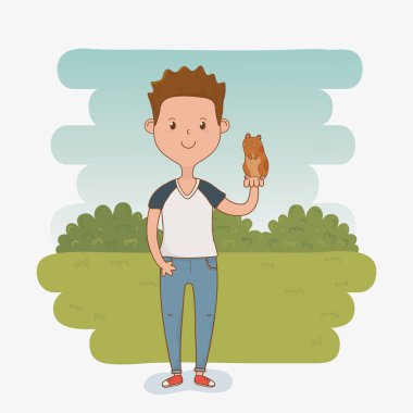 Tatlı kobay maskotu olan genç bir adam.