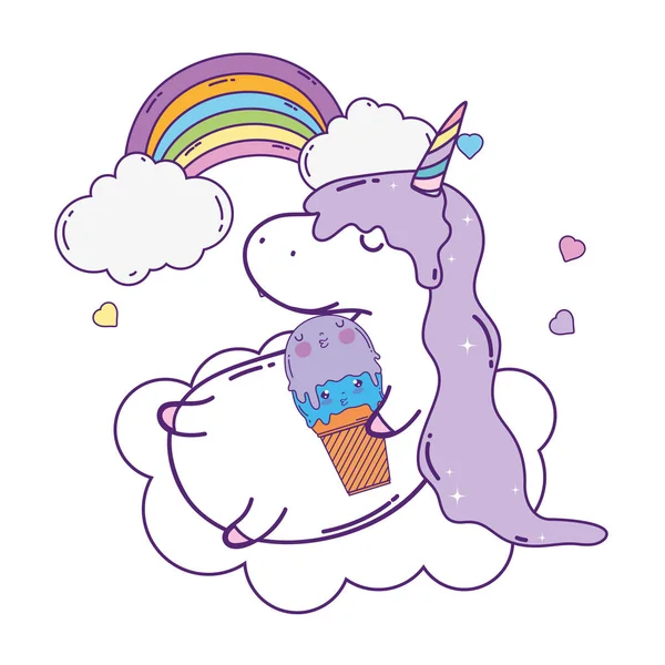 Unicorn lucu dengan awan dan kawaii pelangi - Stok Vektor