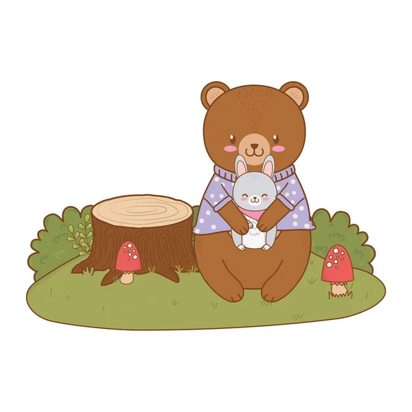 Lindo oso y conejo en el campo carácter del bosque — Archivo Imágenes Vectoriales