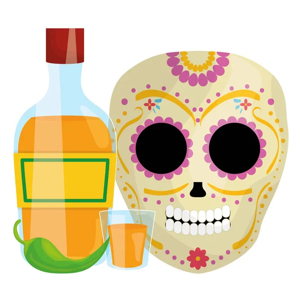 Masque de mort crâne mexicain avec bouteille de tequila — Image vectorielle