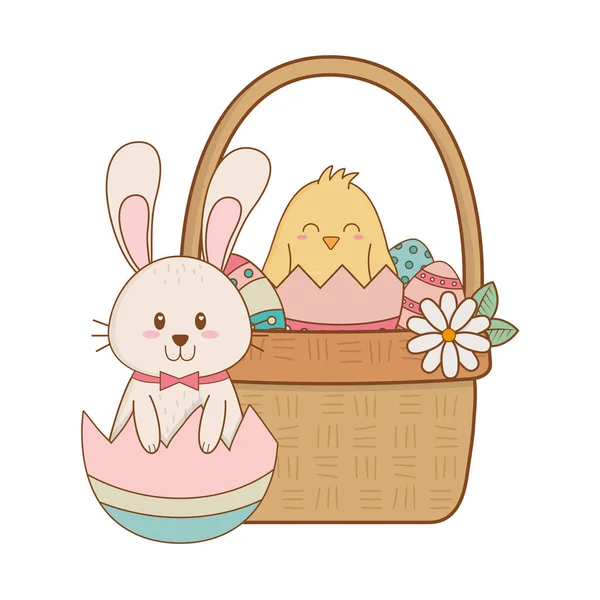 Маленький кролик и цыпленок с яйцом, покрашенным в корзину — стоковый вектор