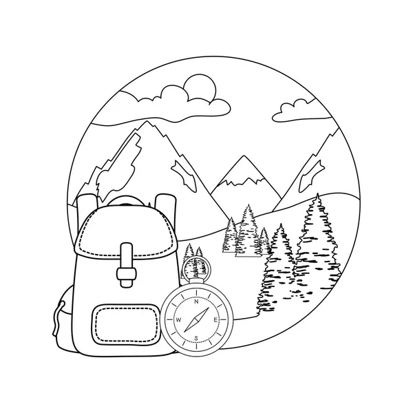 Guide boussole avec forêt de pins et sac de voyage — Image vectorielle