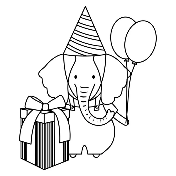 Elefante con caja de regalo y globos helio en fiesta de cumpleaños — Vector de stock