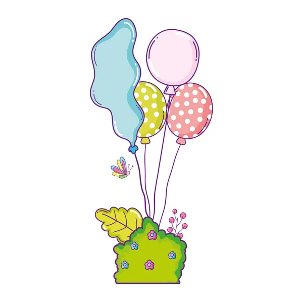 Festa balões de hélio com jardim arbusto — Vetor de Stock