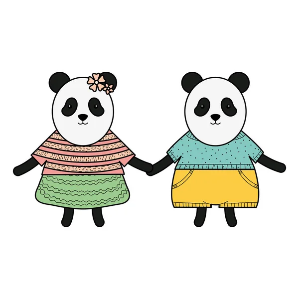 Cute bears pandas couple childish characters — Stock Vector