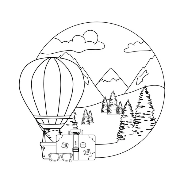 Balão ar quente voando com pinheiros e mala — Vetor de Stock