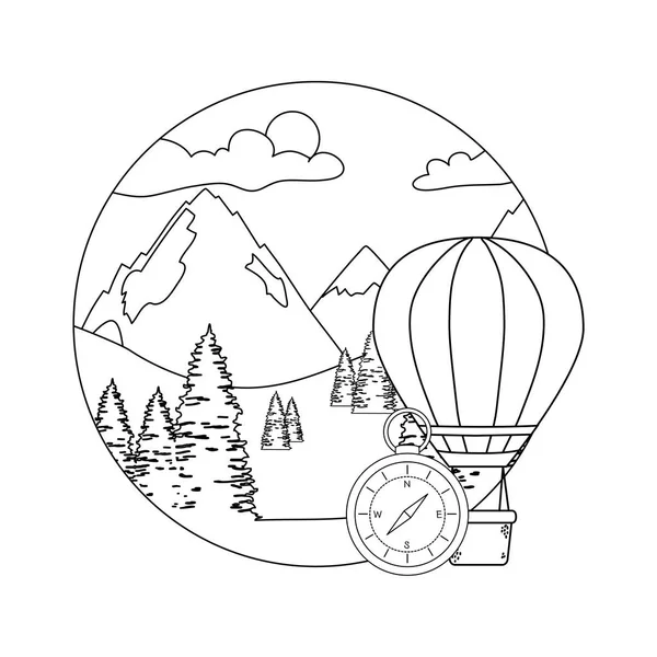 Montgolfière vol chaud avec des pins et des montagnards scène — Image vectorielle