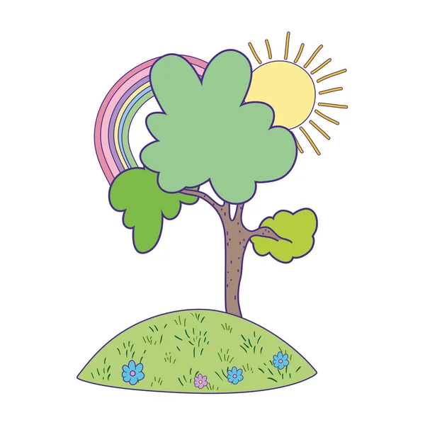 Милые деревья с солнцем и радугой — стоковый вектор