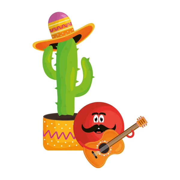 Cactus mexicano con sombrero y personaje cómico de guitarra — Archivo Imágenes Vectoriales