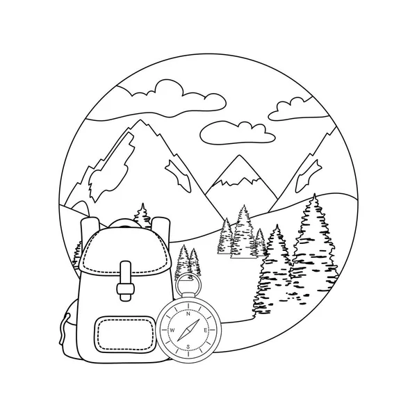 Guia de bússola com pinheiros floresta e saco de viagem — Vetor de Stock