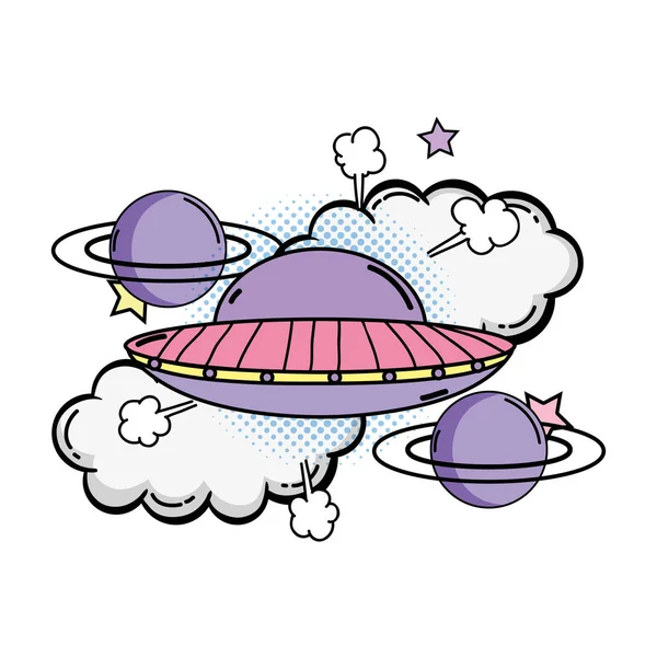 Ufo volando con planetas pop art style — Vector de stock
