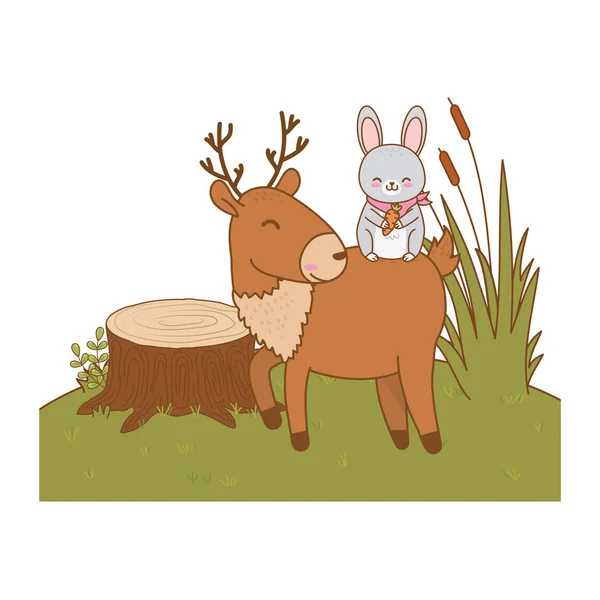 Cute reindeer and rabbit in the field woodland characters — Stock Vector