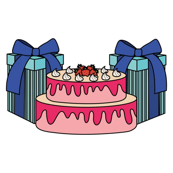 Gifts boxes presents with sweet cake — Stock Vector