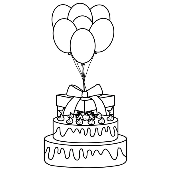Подарочная коробка со сладким тортом и воздушными шарами, плавающий гелий — стоковый вектор