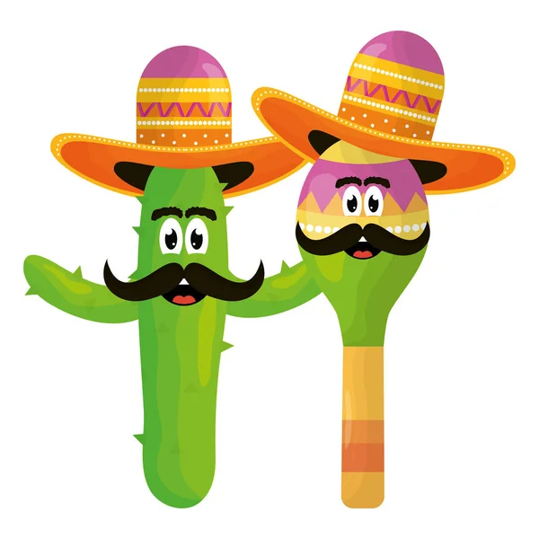 Kaktus meksiko dan karakter emoji maraca - Stok Vektor