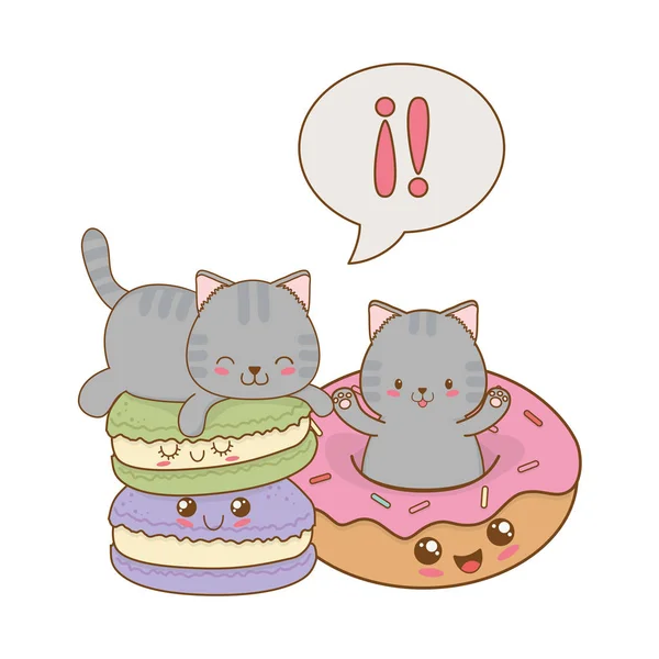 Niedlichen kleinen Katzen mit Donuts kawaii Zeichen — Stockvektor