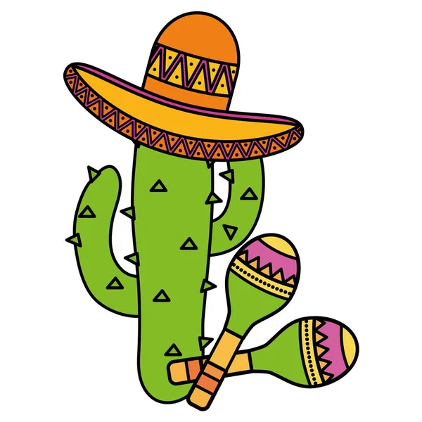 Cactus plant met Mexicaanse hoed en maracas — Stockvector