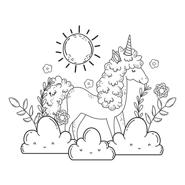 雲と太陽と美しい小さなユニコーン — ストックベクタ
