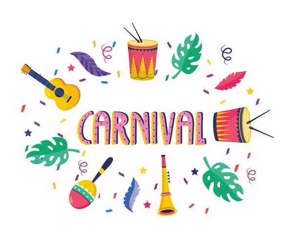 Carnaval con tambores y guitarra con decoración de maracas — Vector de stock