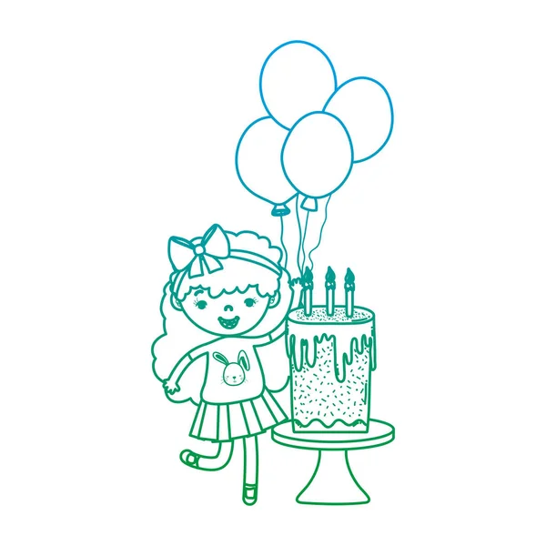 Gedegradeerd lijn meisje kind met ballonnen en zoete cake — Stockvector