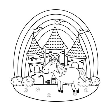 alanında kale ve gökkuşağı ile tek boynuzlu at