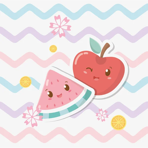新鮮なリンゴとスイカのフルーツ可愛い文字 — ストックベクタ