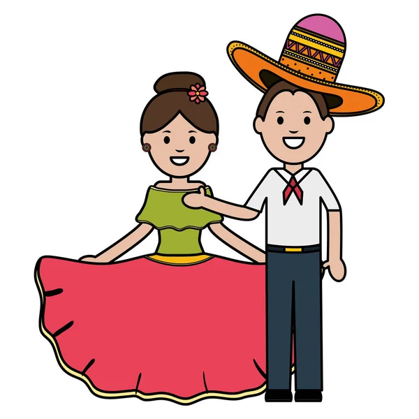 Pareja de mexicanos tradicionales con personajes de sombrero de mariachi — Vector de stock