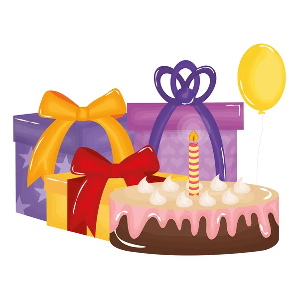 Delicioso pastel dulce con regalos y globos de helio — Vector de stock