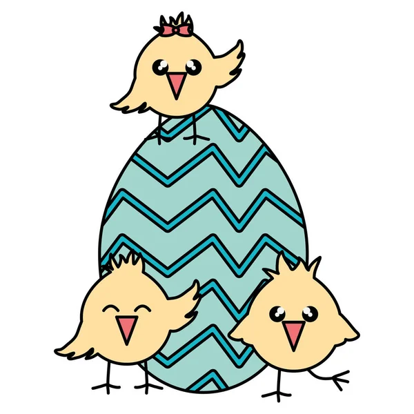 Schattige kleine kuikens met ei schilder Pasen viering — Stockvector