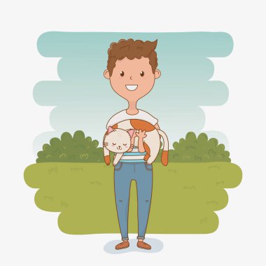 sevimli kedi maskot ile genç adam