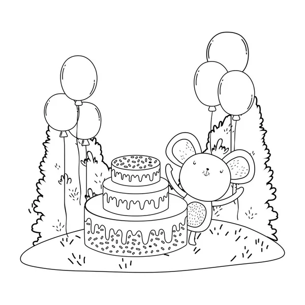 Ratón con pastel y globos de helio en el campo — Vector de stock
