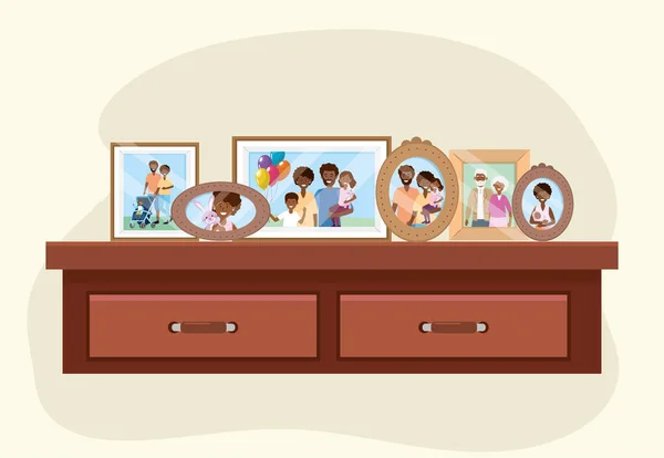 Dresser with family pictures memories decoration — Stock Vector