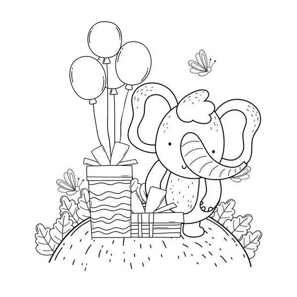Слон с подарками и воздушными шарами гелий в поле — стоковый вектор