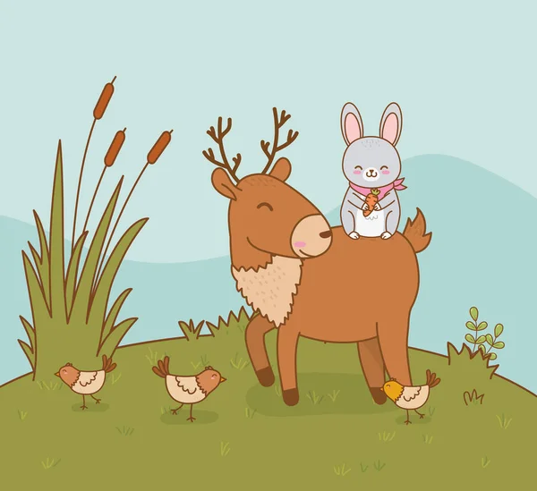 Cute reindeer and bunny in the field woodland characters — Stock Vector