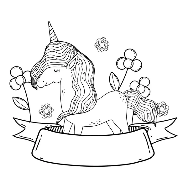 Belle petite licorne avec fleurs et cadre en ruban — Image vectorielle