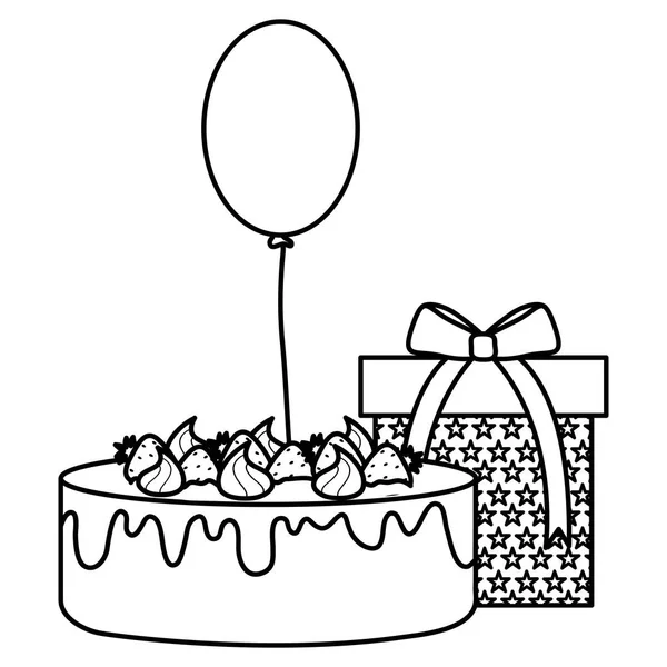 Подарункова коробка з солодким тортом та гелієм, що плаває — стоковий вектор
