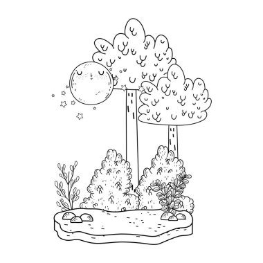 güzel manzara gece ay kawaii karakteri ile