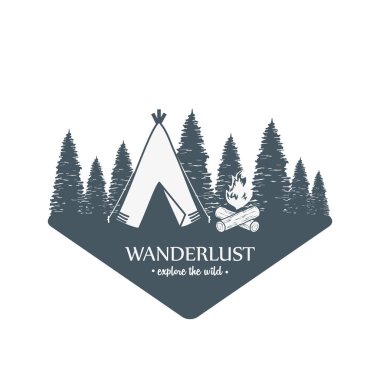 orman sahnesi ve kamp çadırı ile wanderlust etiket
