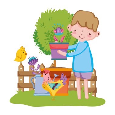 küçük çocuk çit ve horoz ile houseplant kaldırma