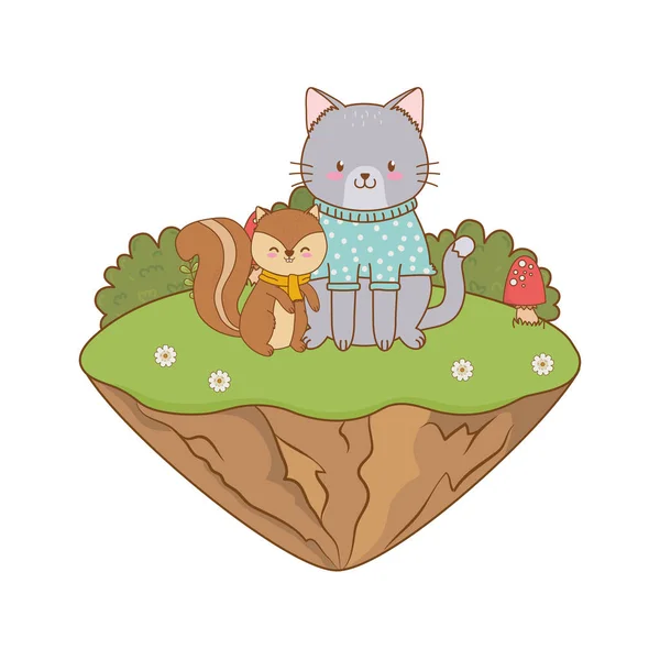 可爱的花栗鼠和猫在景观 — 图库矢量图片