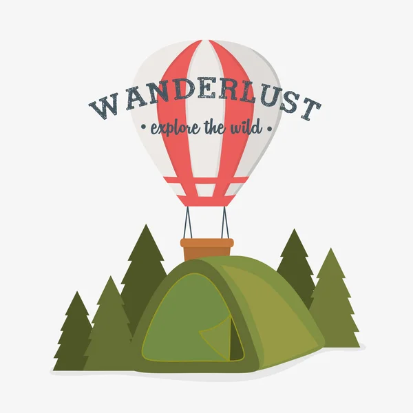 Wanderlust label with forest scene and camping tent — Stock Vector