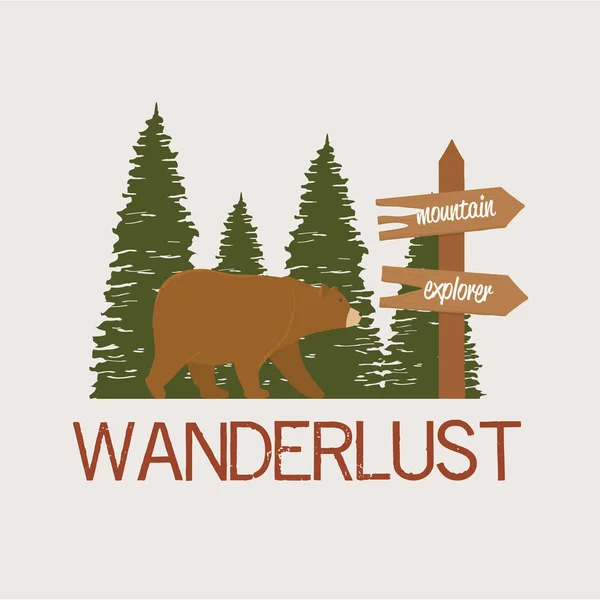 Wanderlust label with landscape and bear grizzly scene — Stock Vector