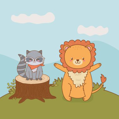 sevimli rakun ve aslan alanında ormanlık karakter