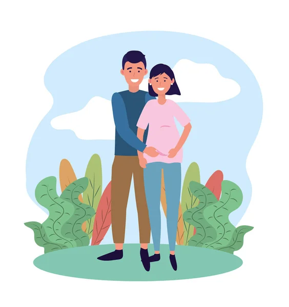 幸福的男女夫妇怀孕和植物 — 图库矢量图片